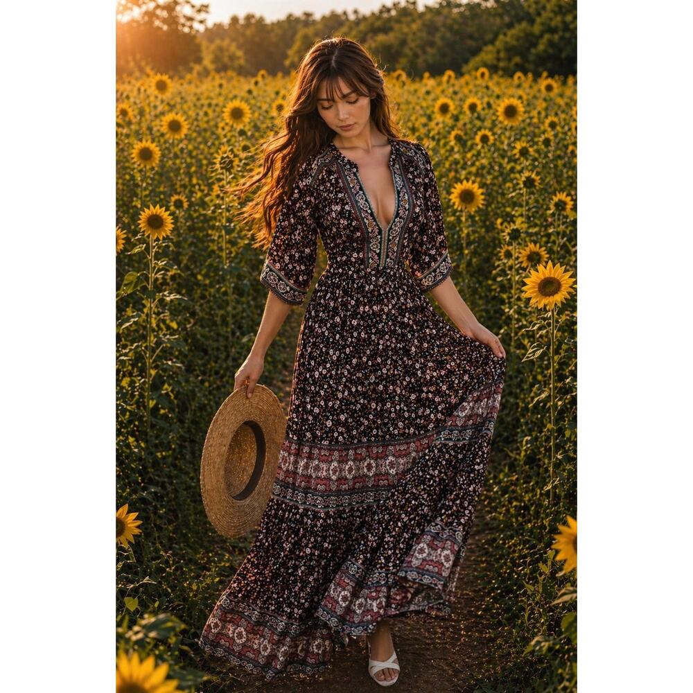 Wandering Into Autumn’s Embrace flowy floral boho kimono maxi dress M